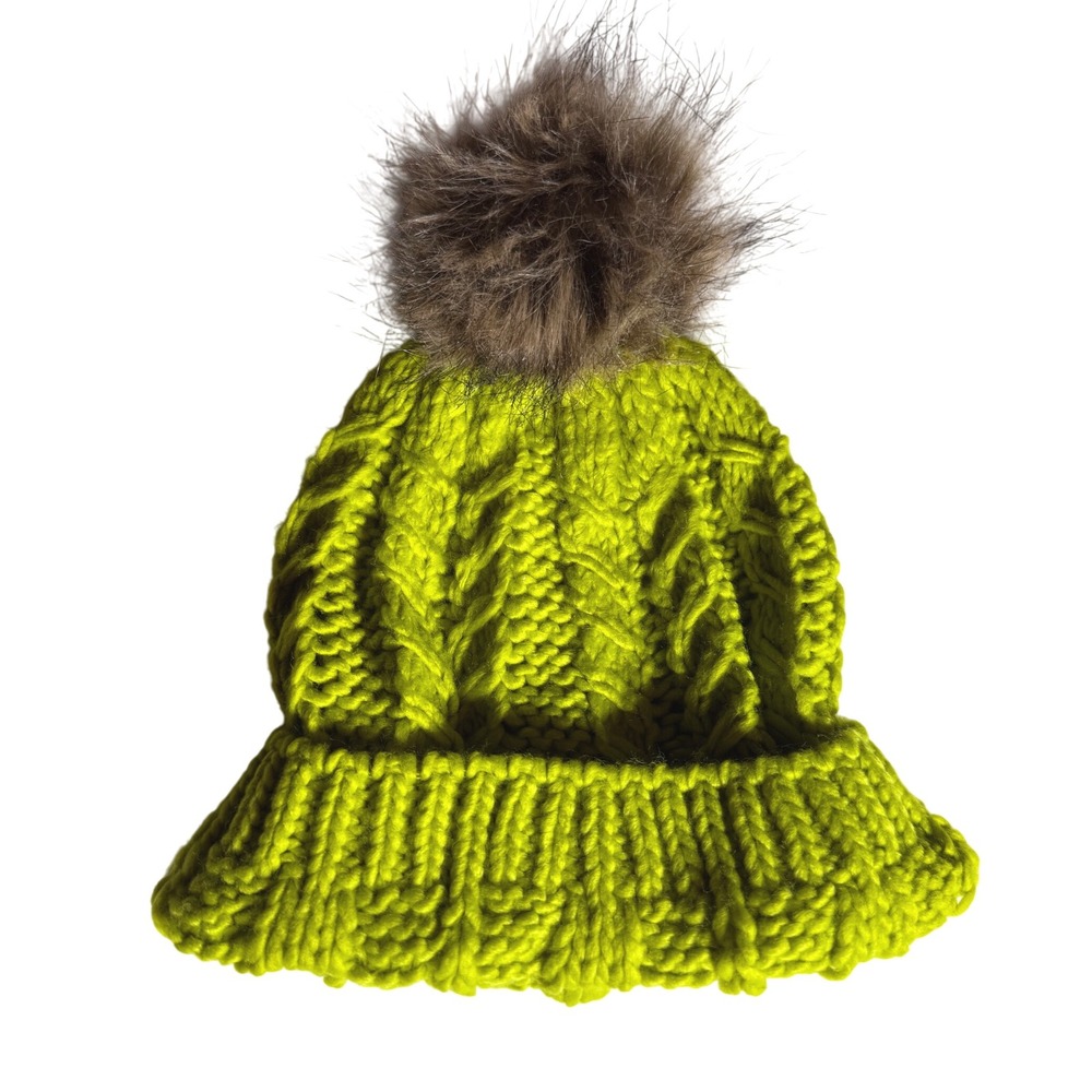 Lime Green Cable Knit Beanie with Faux‎ Fur Pom OSFM